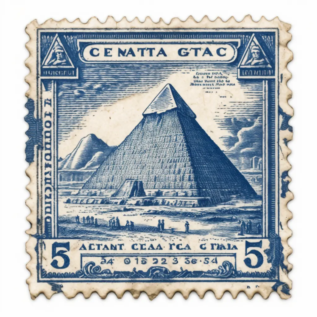 clean vintage 5 cent postage stamp of the great pyramid of giza, indigo ink, line engraving, intaglio
